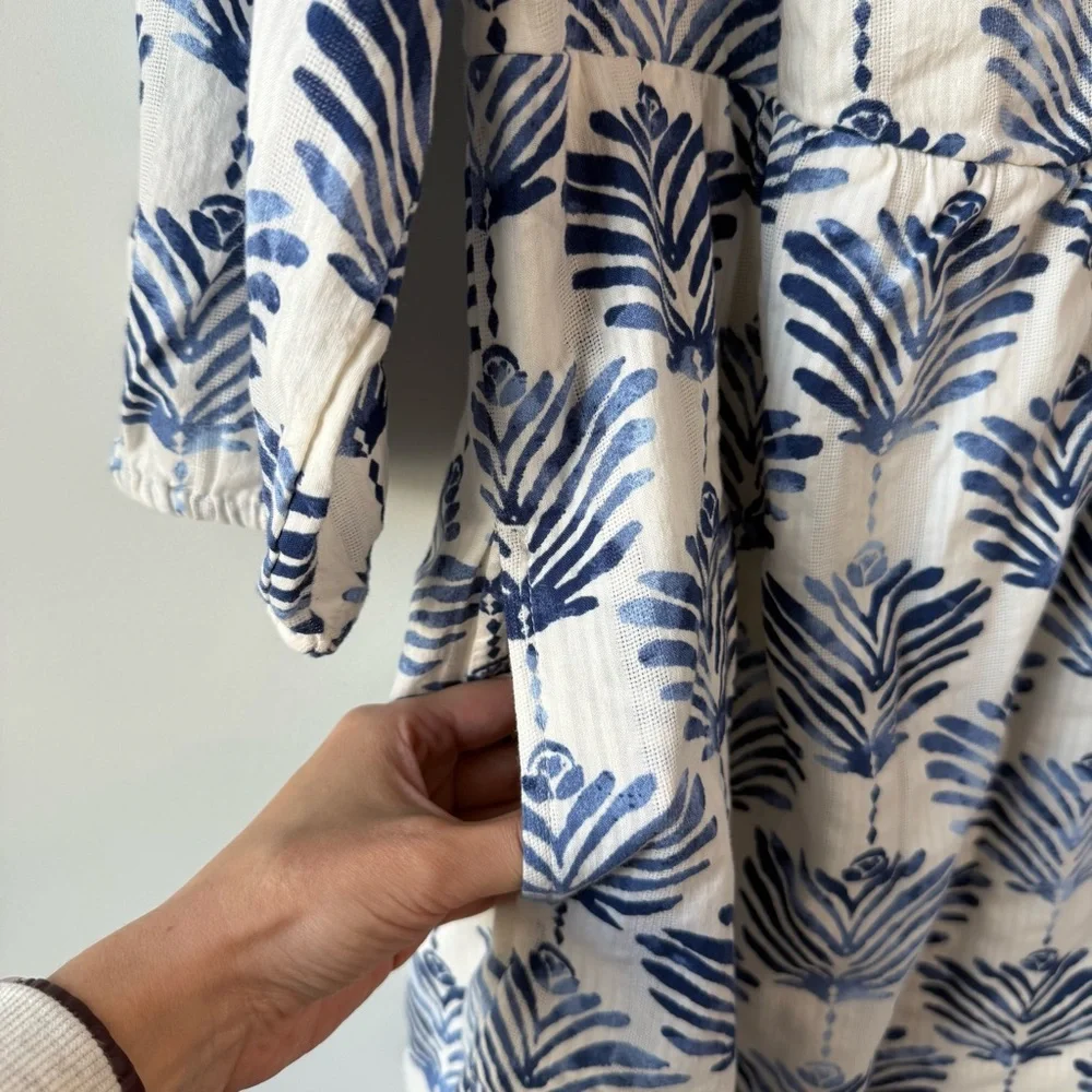 J. Jill Printed Split Neck Cotton Dress White Blue XL Coastal - Picture 5 of 9